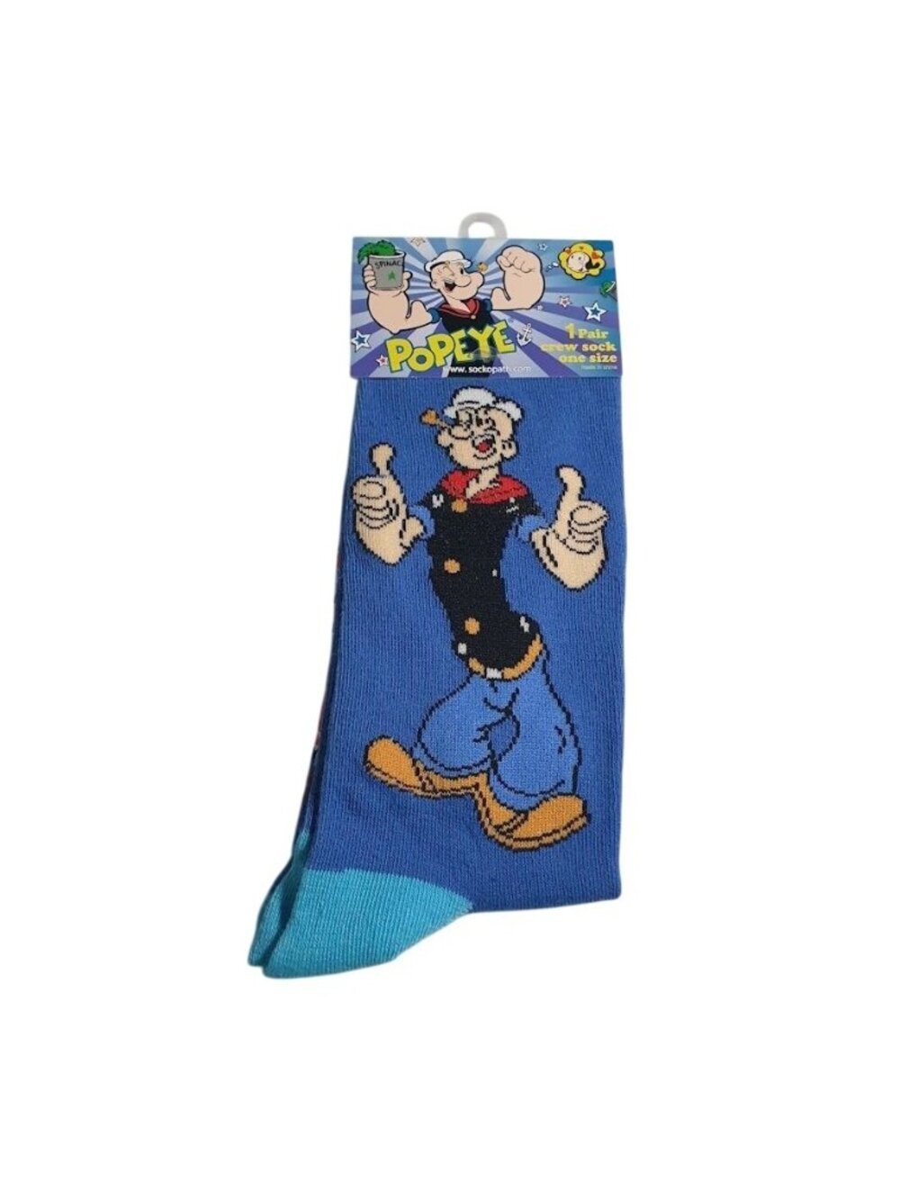 Popeye Mens Womens Crew Socks One Pair Blue Cartoon Character One Size Polyester